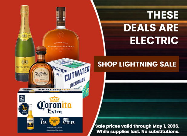 Promotional image featuring alcoholic beverages and a sale announcement.