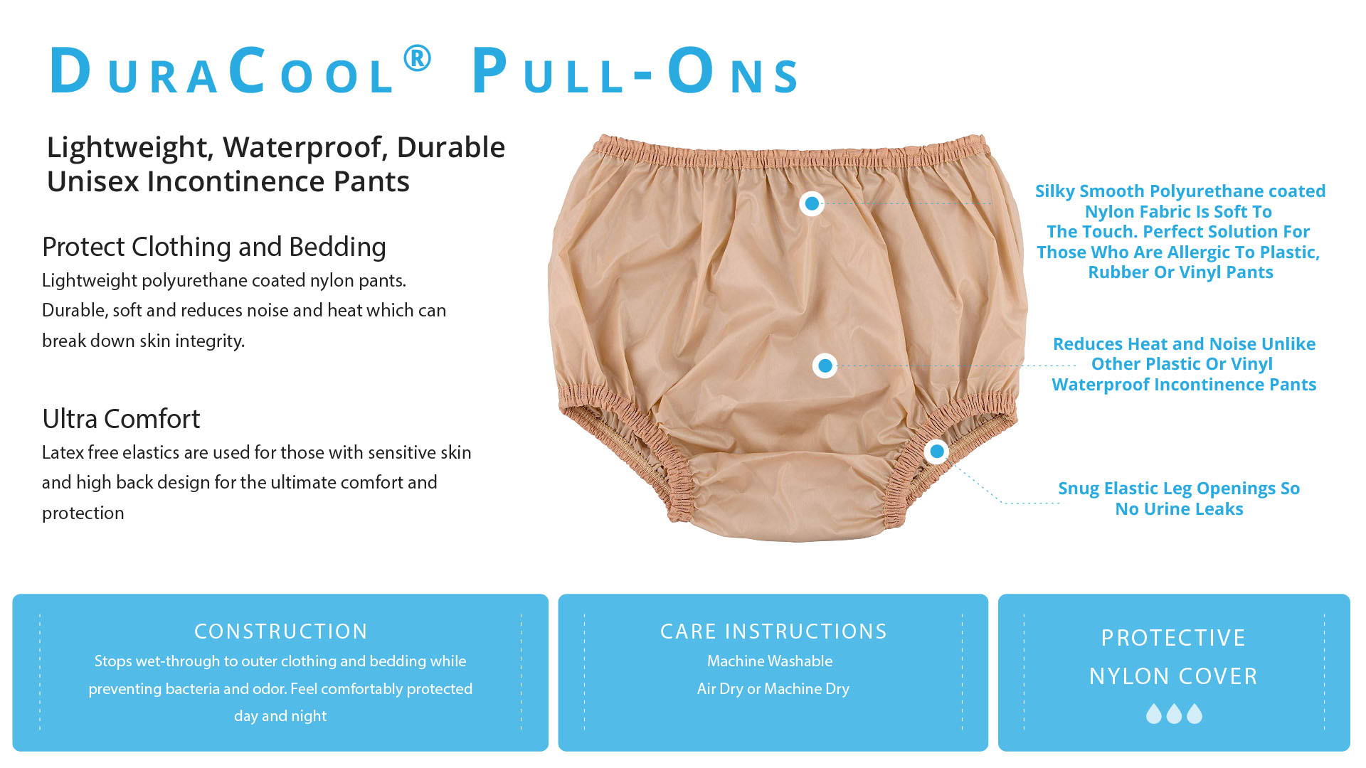 Women's Water-Proof DuraCool Nylon Incontinence Pull On Pants. Wear Ov