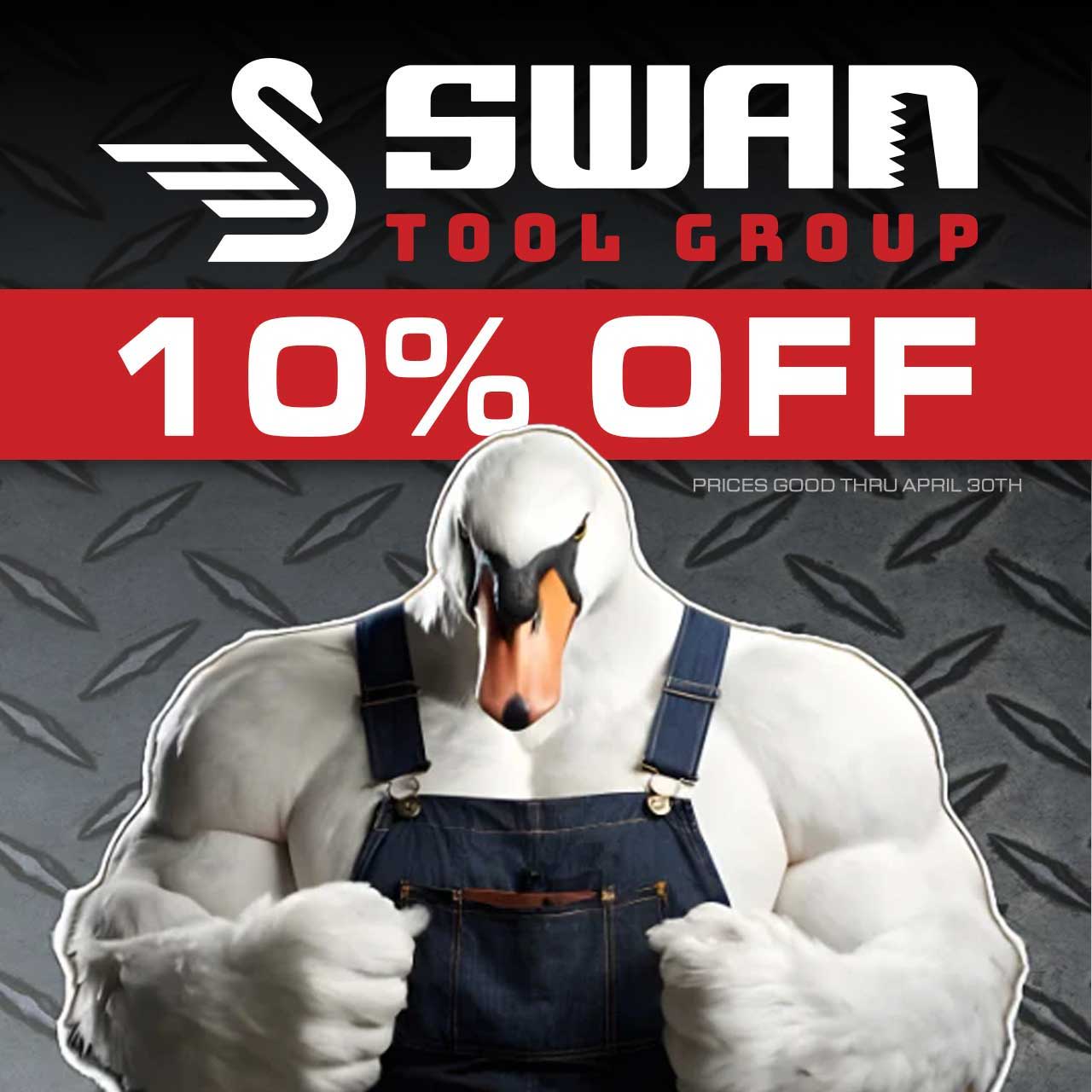 Muscular cartoon swan promoting 10% off at Swan Tool Group.