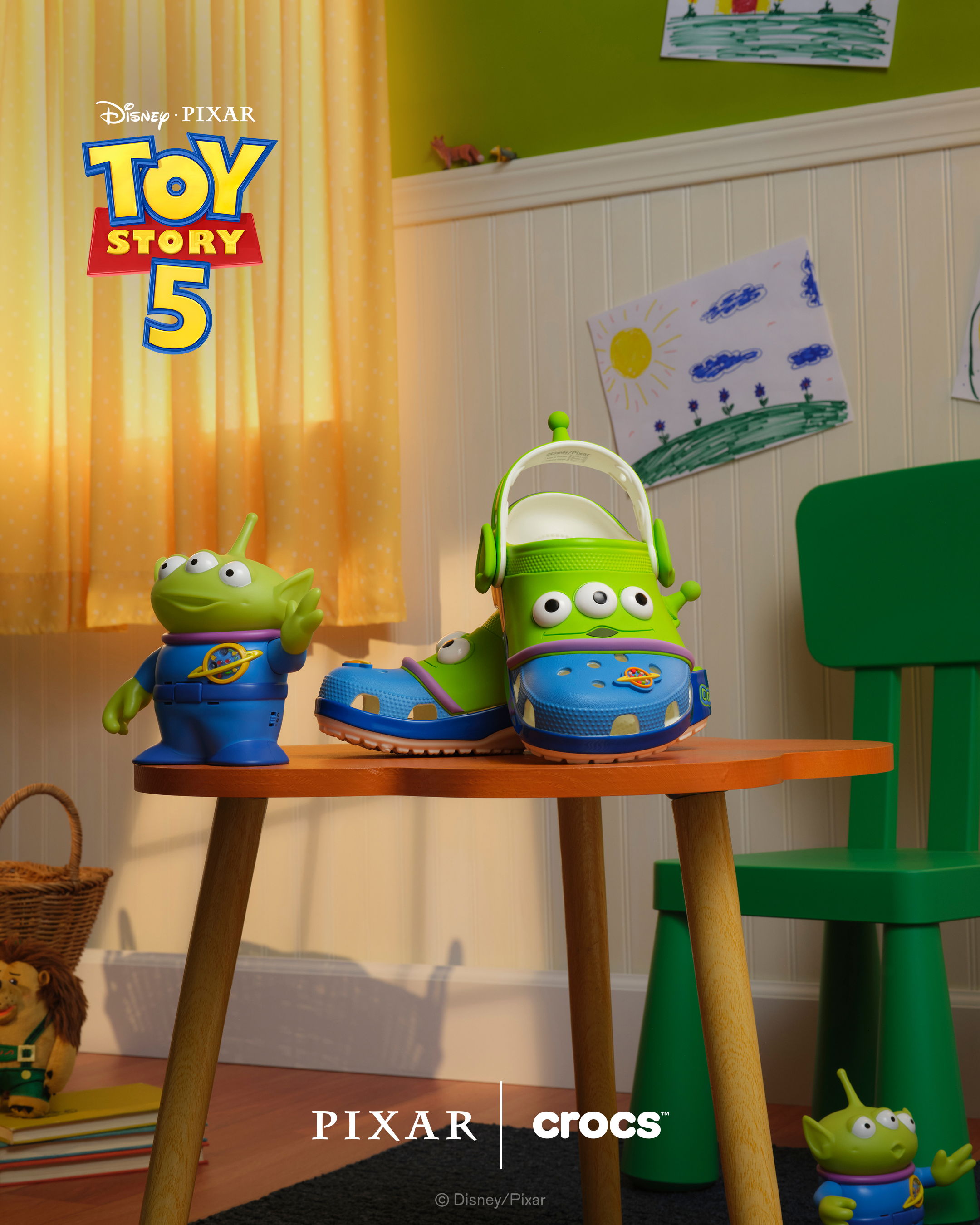 Toy Story 5 promotional image featuring Crocs and toy aliens.