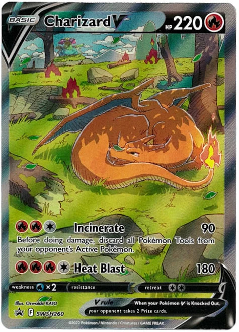 Charizard V Pokémon card featuring Incinerate and Heat Blast attacks.