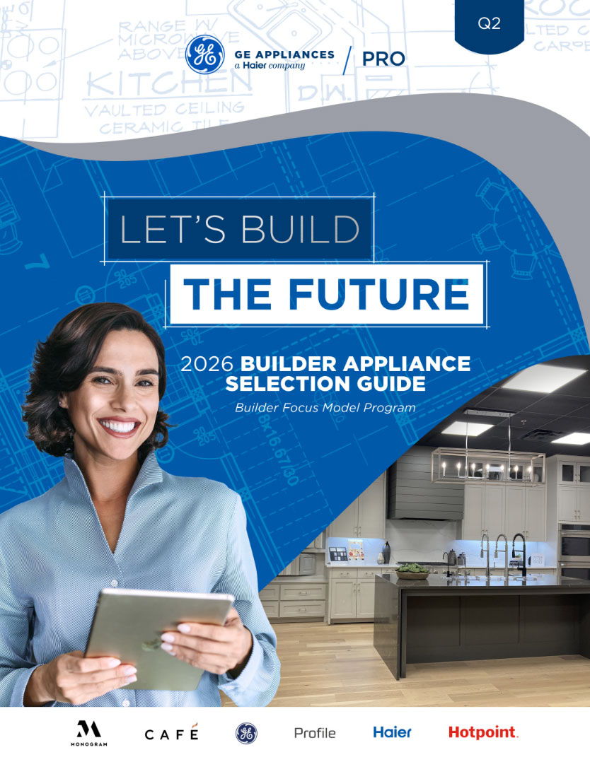 2026 Builder Appliance Selection Guide cover featuring a smiling woman with a tablet.