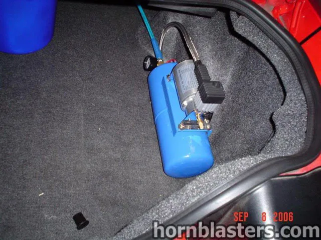 Close-up of Shocker XL train horn bells mounted on 2003 Ford Mustang HornBlasters gallery photo 4