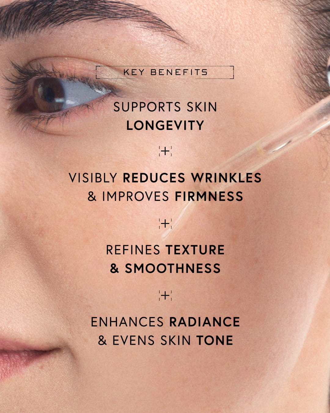 Close-up of a woman's face with skincare benefits listed.