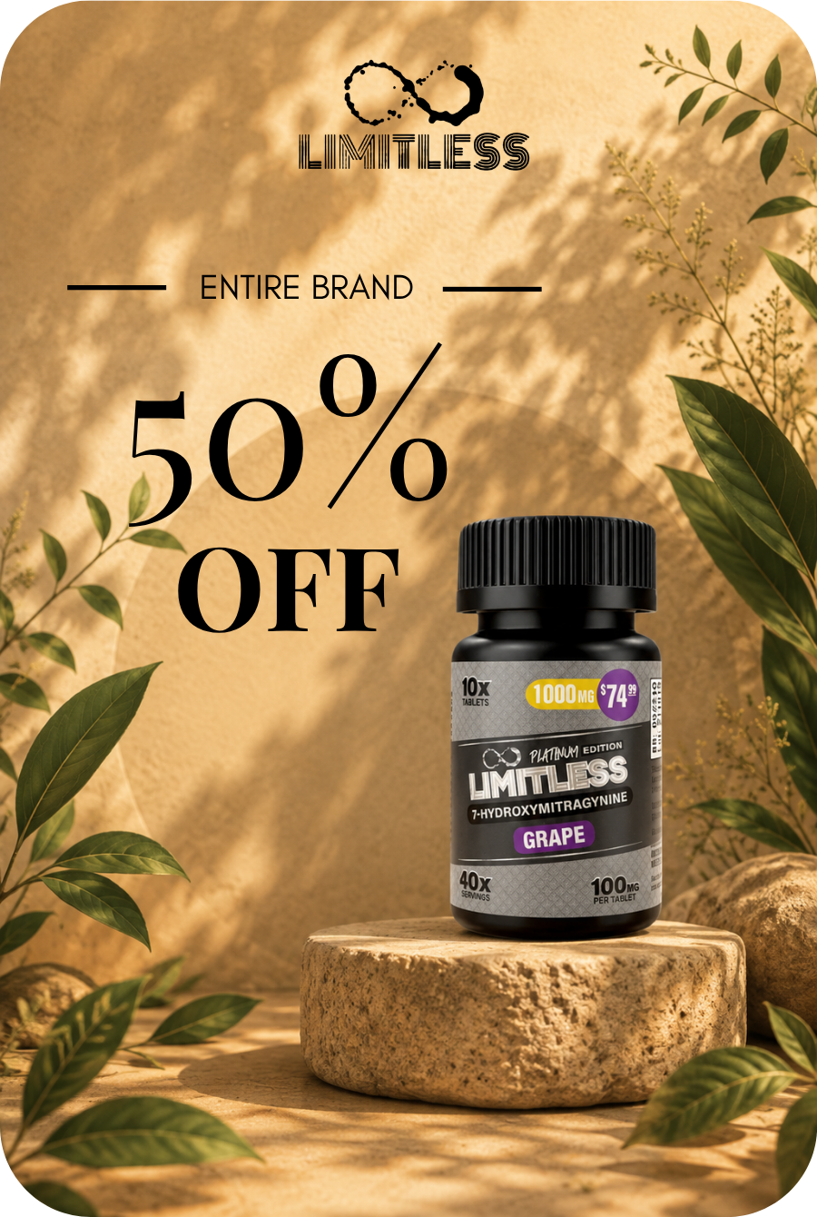 Promotional image for Limitless brand with 50% off offer on grape supplements.