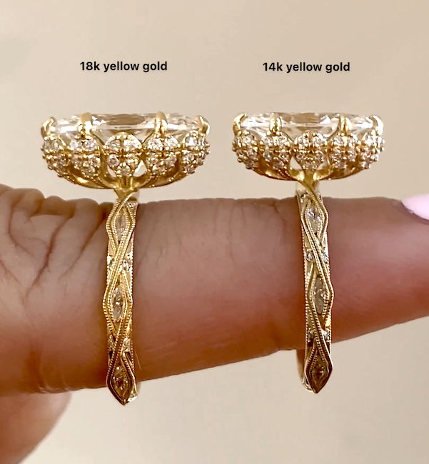profile of two odessi rings, in 14k and 18k yellow gold
