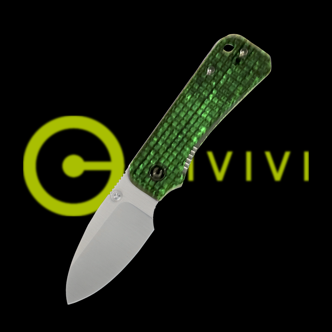 A green folding knife with a silver blade on a black background.