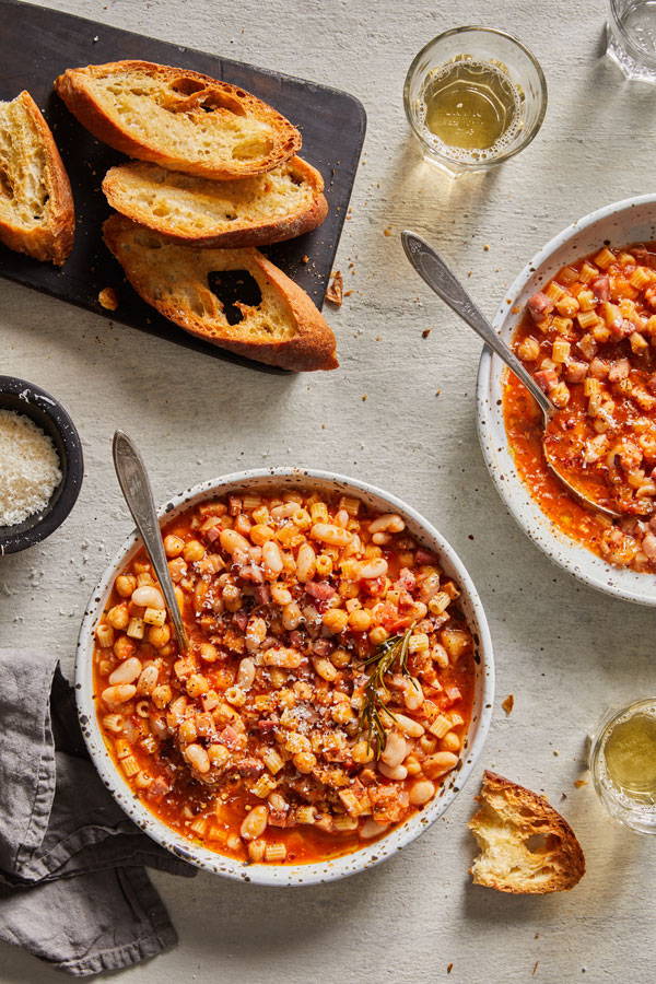 A bean soup with pancetta, white beans, chickpeas, and vegetables