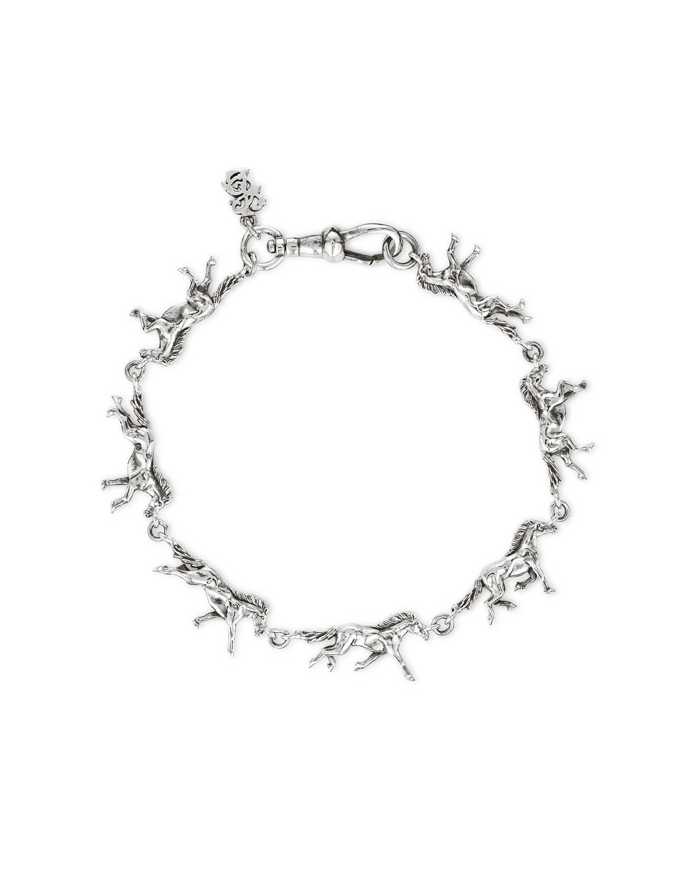 Silver bracelet with intricate branch-like designs and a clasp closure.