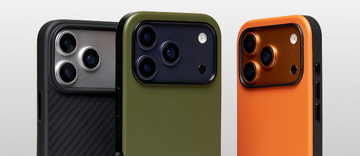 Three smartphone cases in black, green, and orange.