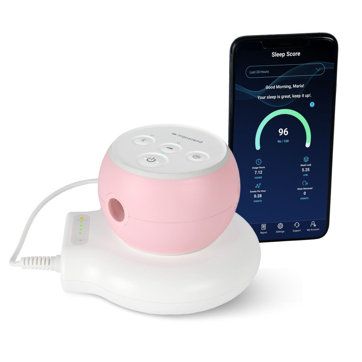 Pink and white sleep device with smartphone displaying sleep score on a white background