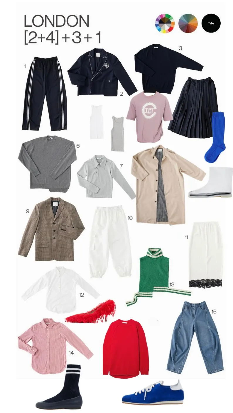 Collection of clothing items arranged in a grid layout.