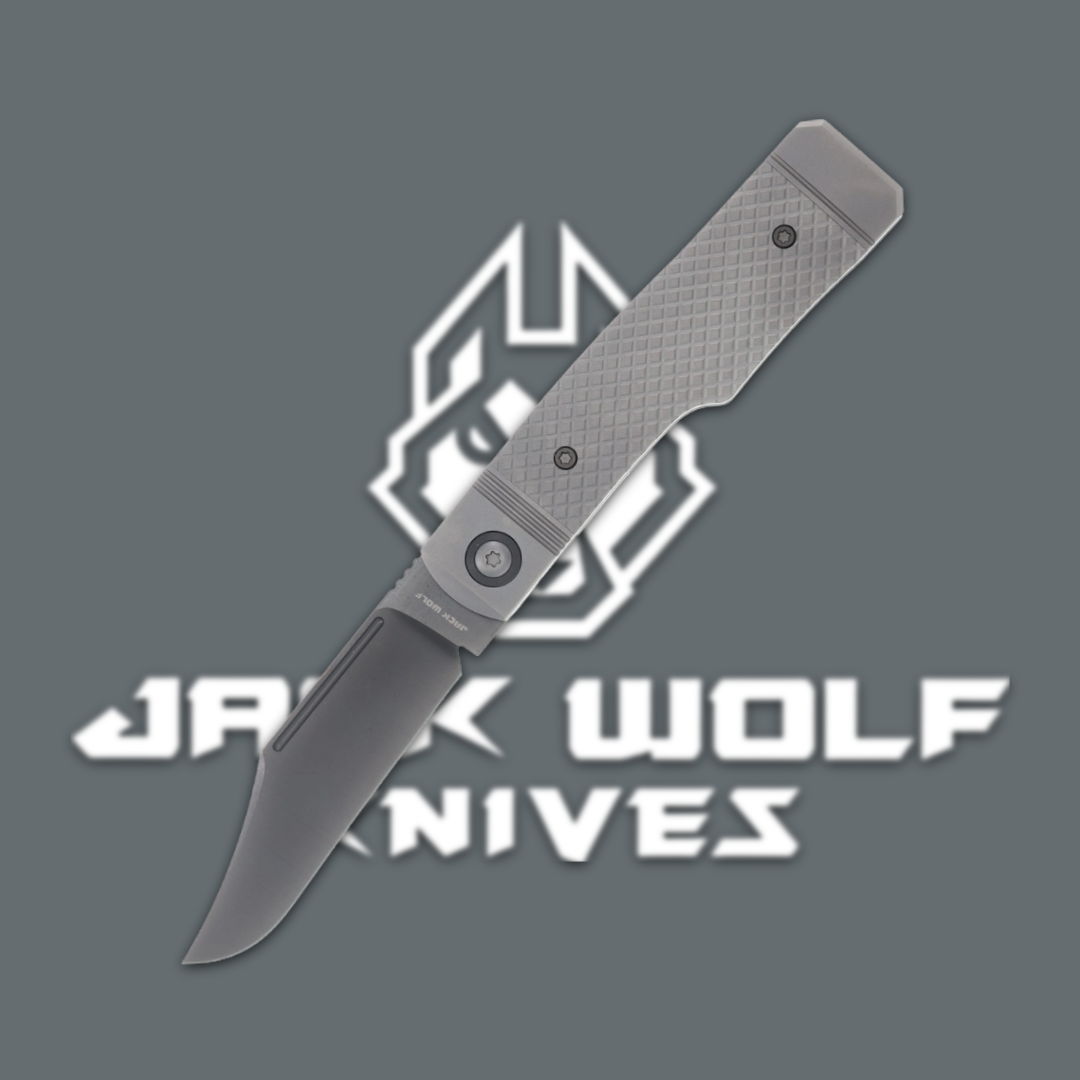 Folding knife with gray handle over Jack Wolf Knives logo.