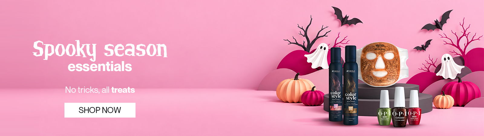Spooky season essentials with pumpkins, bats, and Halloween-themed products.