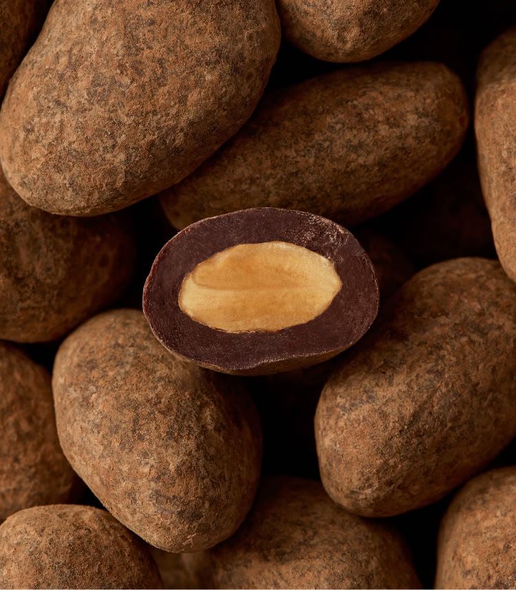 Chocolate-covered almonds with one almond cut in half.