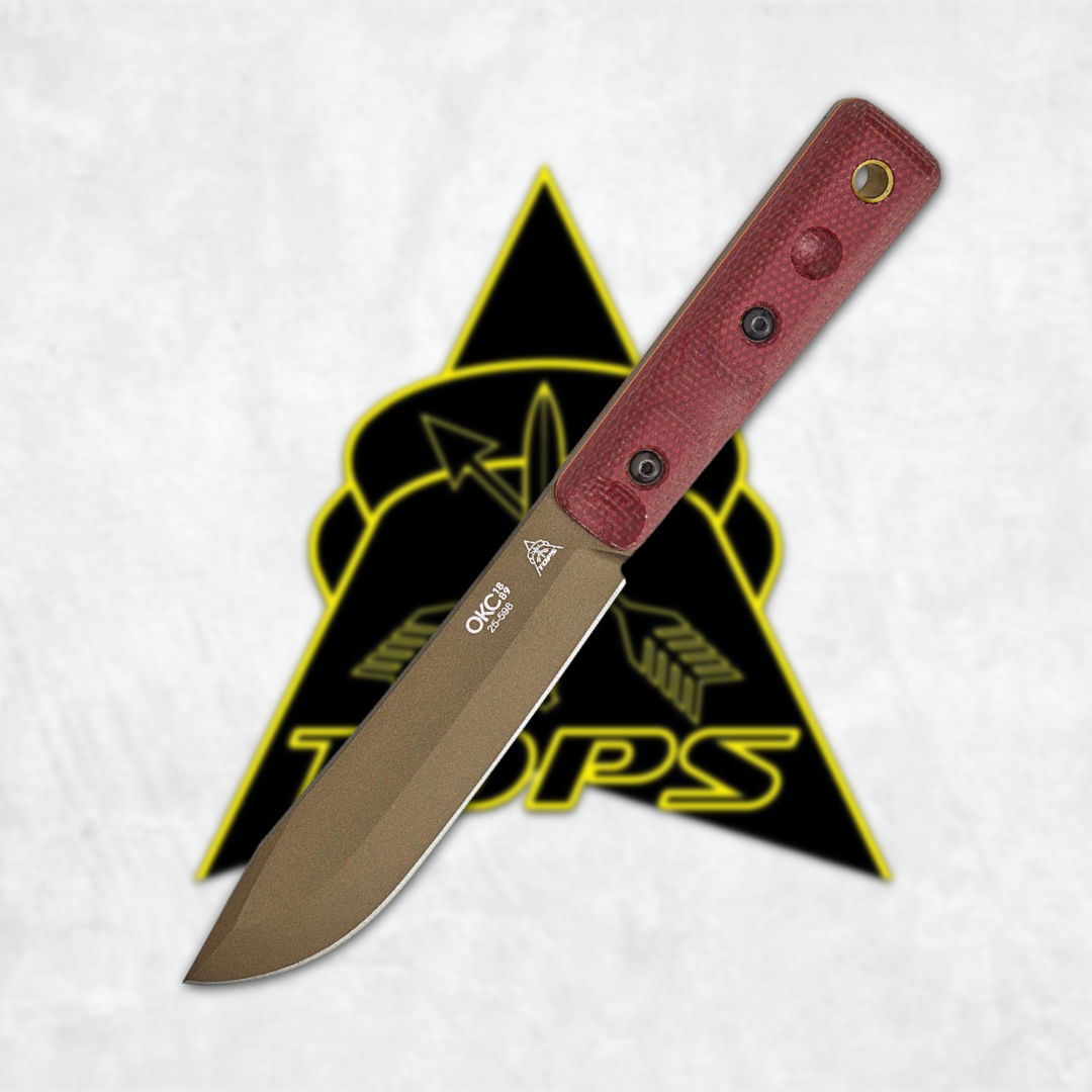 Knife with a red handle against a black and yellow logo background.