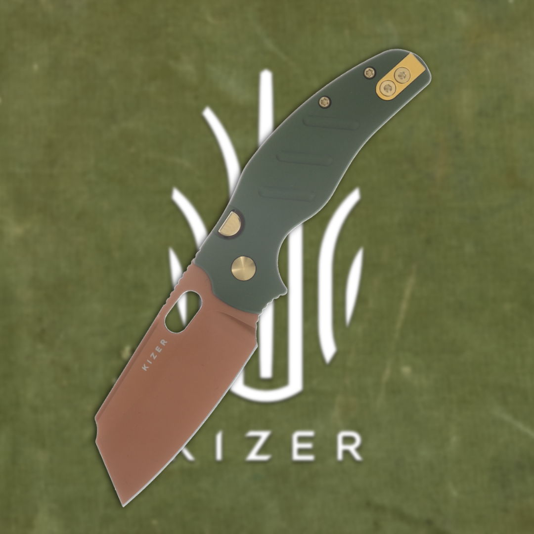 A knife with a green handle and a brown blade on a textured background.