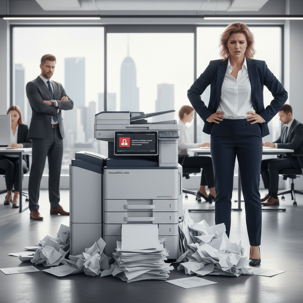broken down copier with woman looking stressed and uncomfortable 