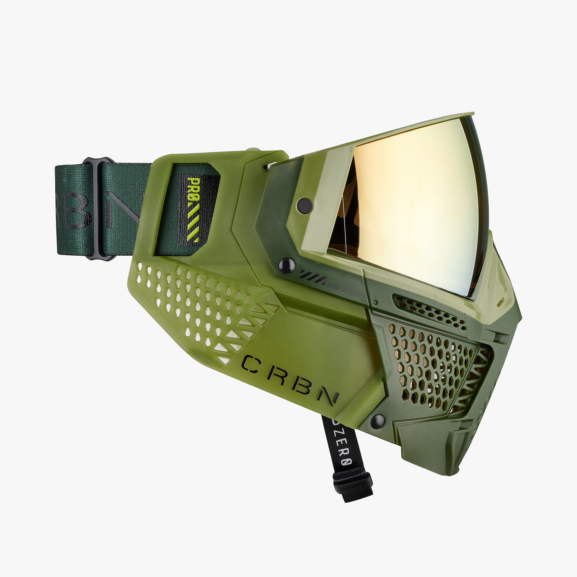 Green tactical mask with reflective visor and adjustable strap.