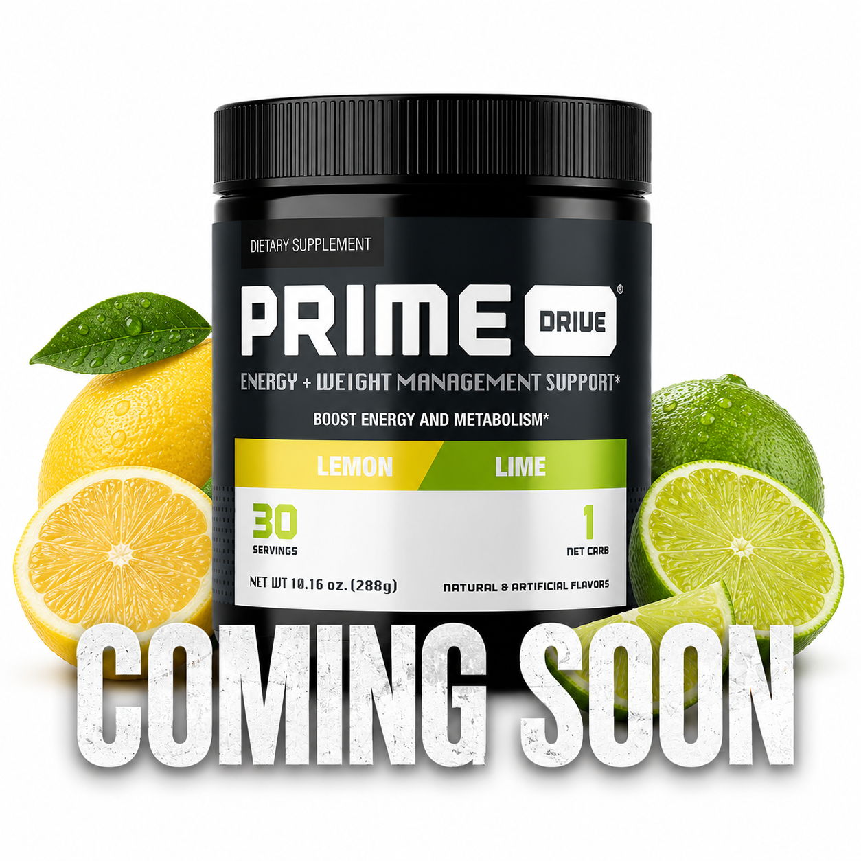 Container of Prime drug supplement with lemons and limes, 