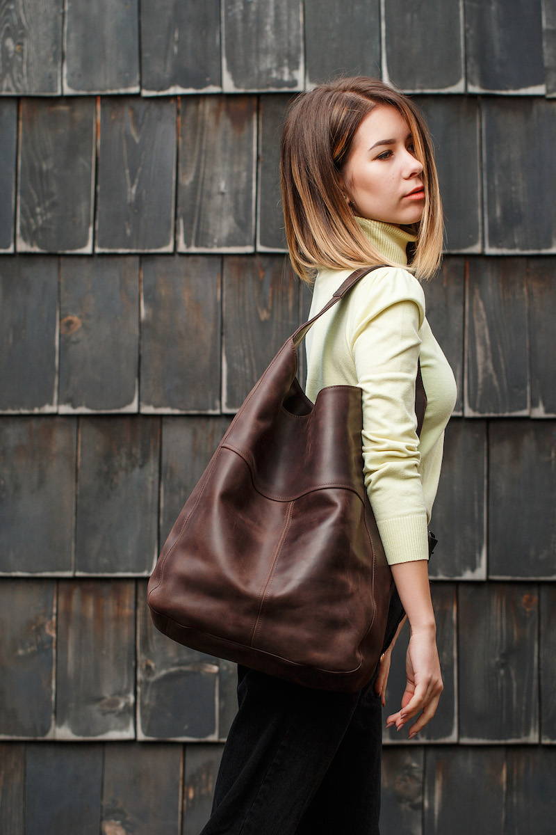 Crazy Horse Leather Hobo Bag - Brown