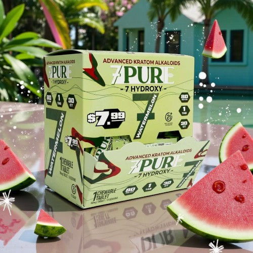 Box of PUR 7 Hydroxy supplement with watermelon slices and tropical background.