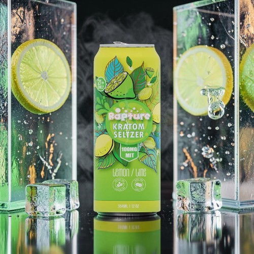 Can of lemon seltzer surrounded by ice and lemon slices.