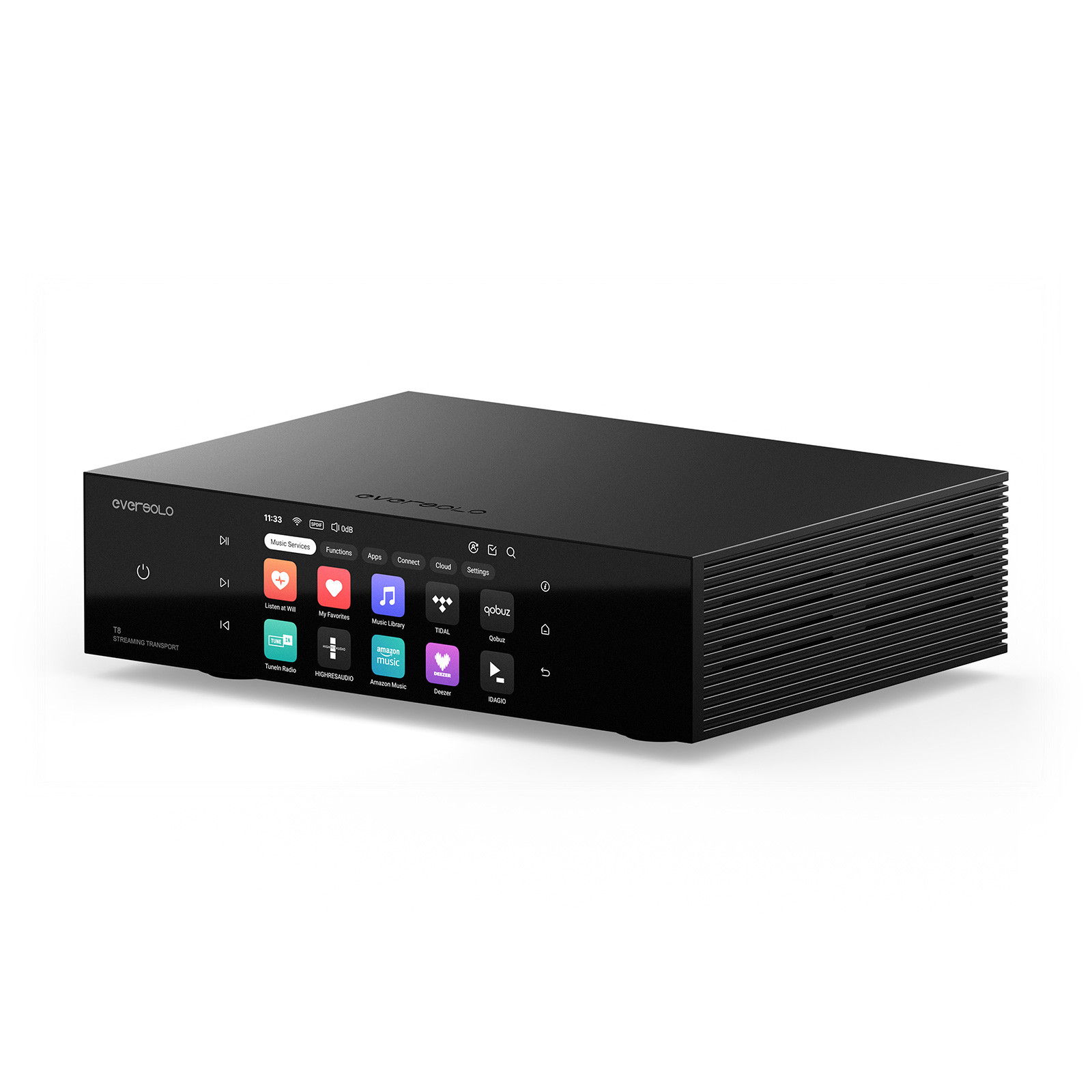 A black multimedia device with colorful buttons on the front panel.