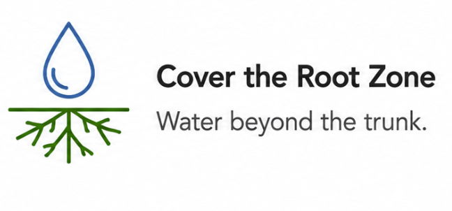 Illustration promoting watering beyond the trunk of a plant's root zone.