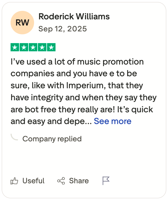 Review by Roderick Williams praising a music promotion company for its integrity.