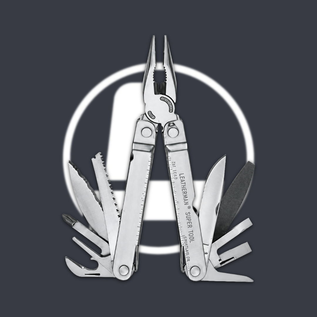 Multi-tool with pliers and various blades on a dark background.