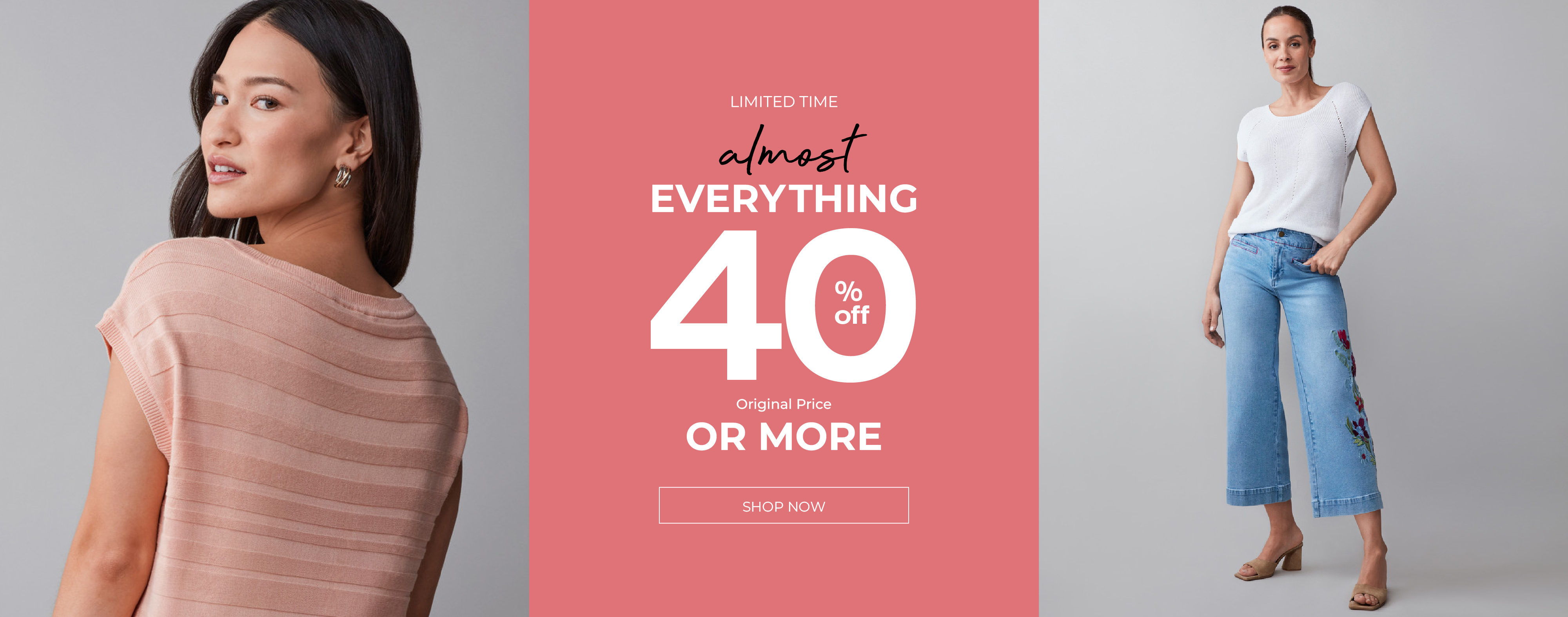 Fashion advertisement featuring models and sale text: almost everything 40% off or more.