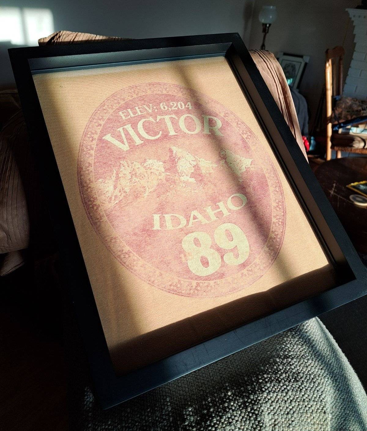1989 Vintage Victor Idaho tee shirt framed and displayed in a Shart Original T-Shirt Frame 