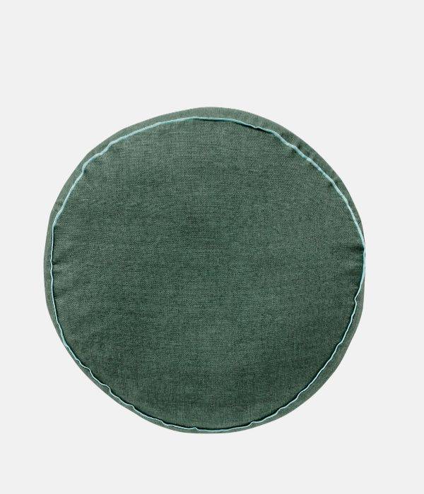 An image of The Campbell Collection Mukesh Round Linen Cushion in Myrtle Green.