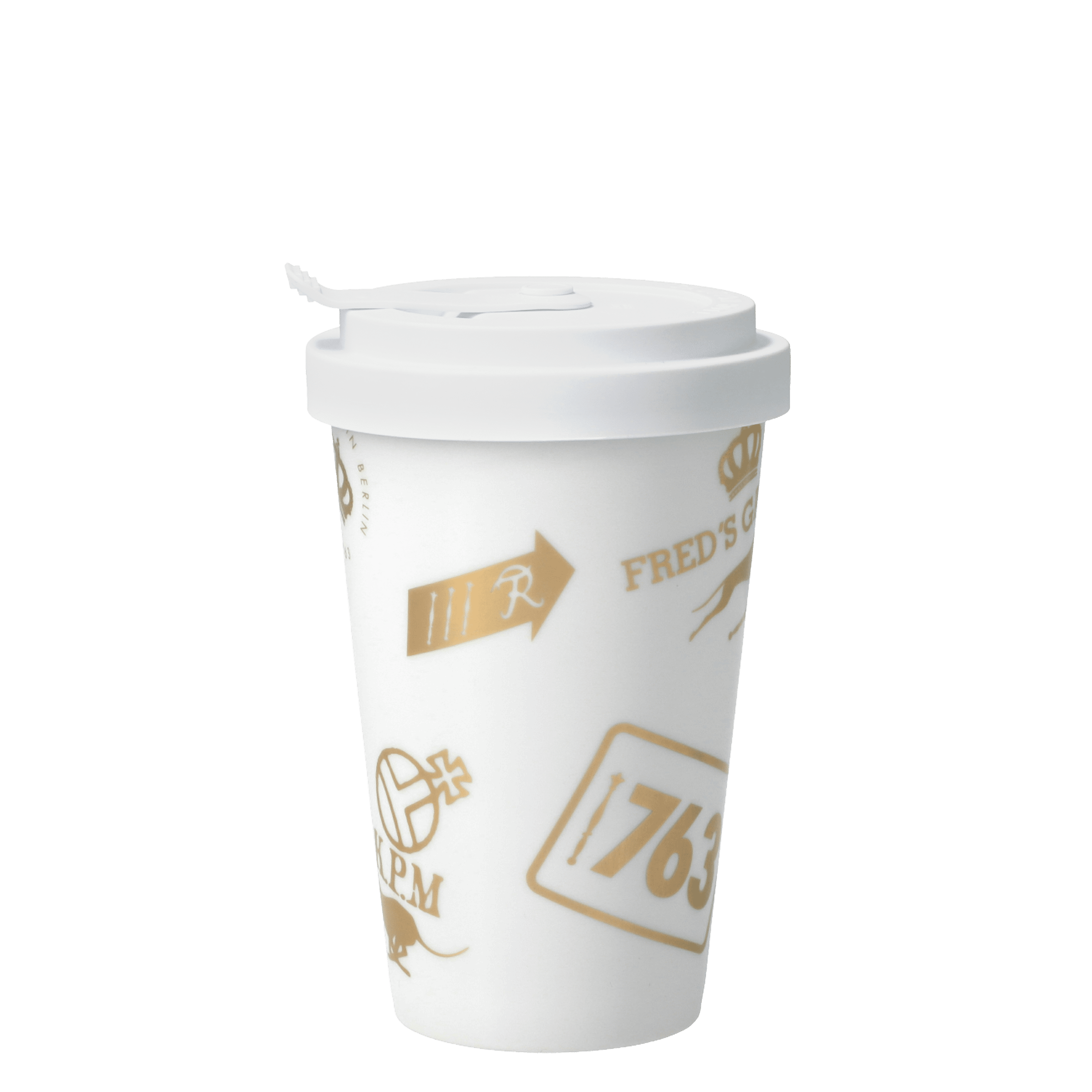White coffee cup with green logo and 