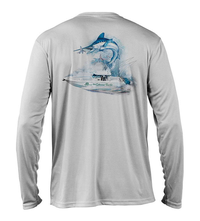 Briny Premium performance custom fishing shirt - Marlin and boat graphic