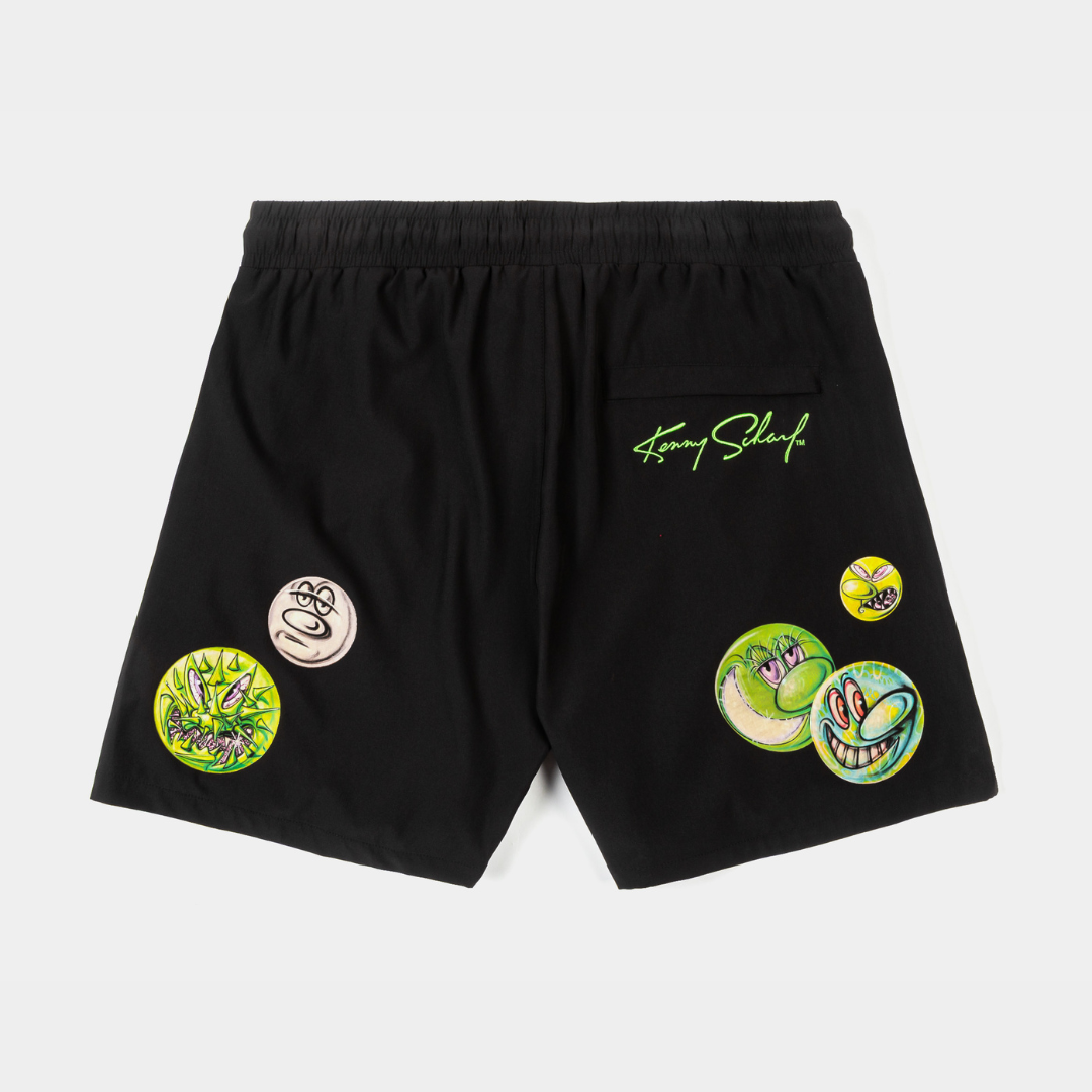 Black swim shorts with colorful graphics and a drawstring waist.