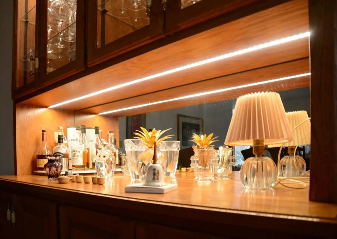 Hotel bar decor with under cabinet accent lighting using LED strip lights