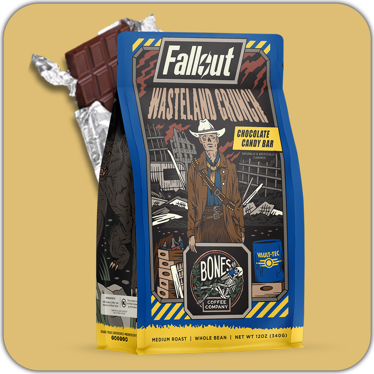 A 12 ounce bag of flavored coffee inspired by Fallout named Wasteland Crunch. Its flavor is chocolate candy bar. On the art is The Ghoul from the Fallout show, and there is a chocolate candy bar nearby it. A light brown rounded square is behind it.