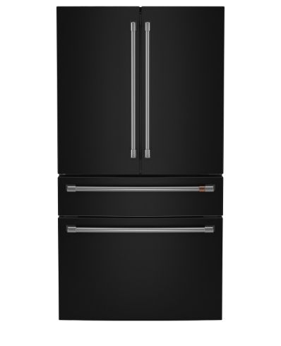 Black French door refrigerator with two bottom drawers.