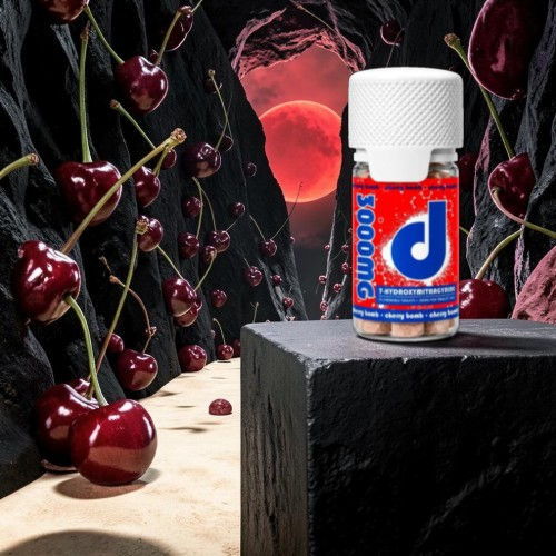 Bottle of supplement in a surreal cherry landscape with a red background.