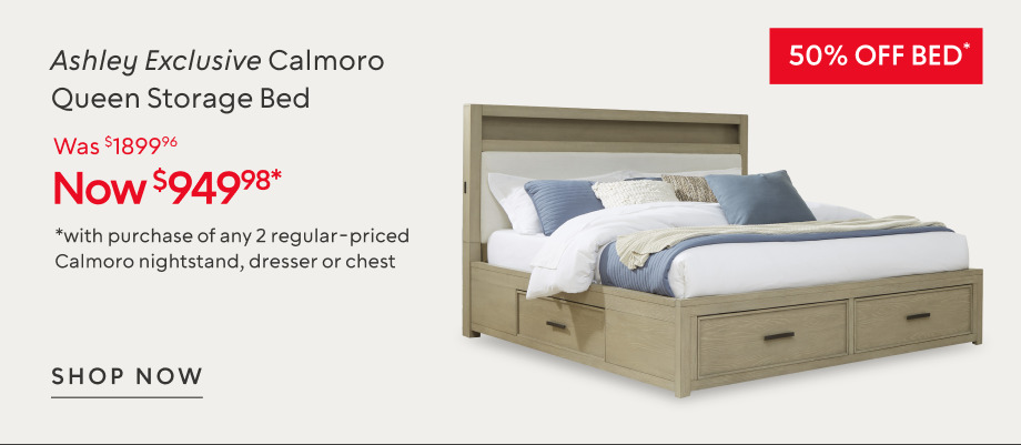 50% off Ashley Exclusive Calmoro Queen Bookcase Storage Bed was $1899.97 now $949.98 when you buy two of the matching regular price bedroom storage
