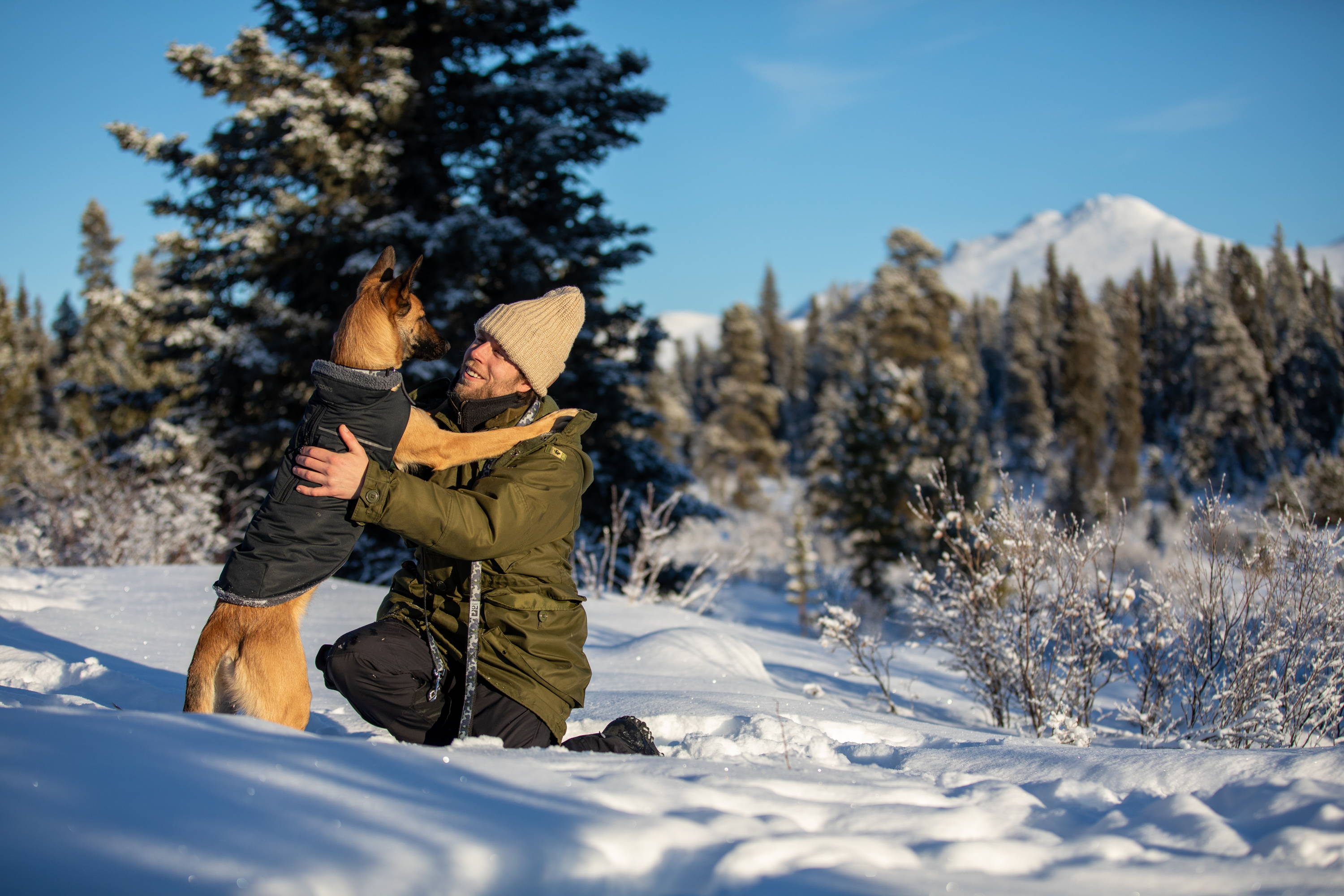 Man and dog in snow