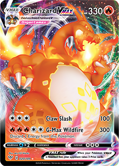Charizard VMAX card with fiery background, featuring attacks Claw Slash and G-Max Wildfire.