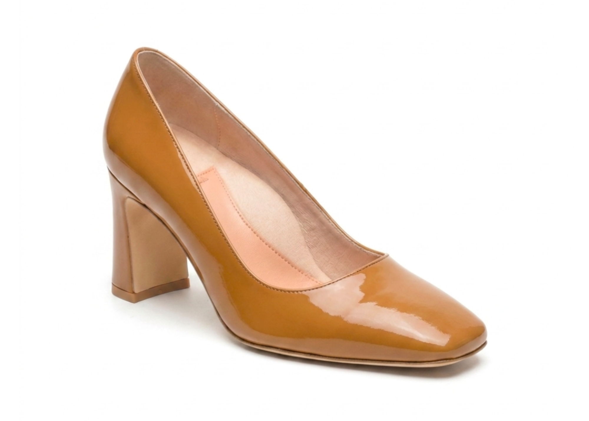 A brown patent leather high heel shoe with a chunky heel.