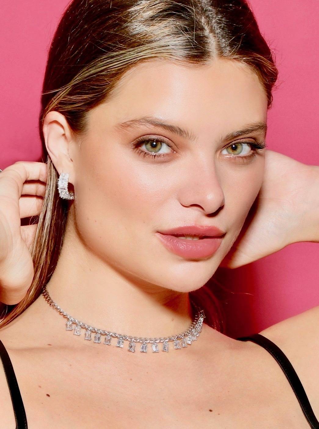 Crystal Huggie Earrings And Crystal Choker Necklace On Model