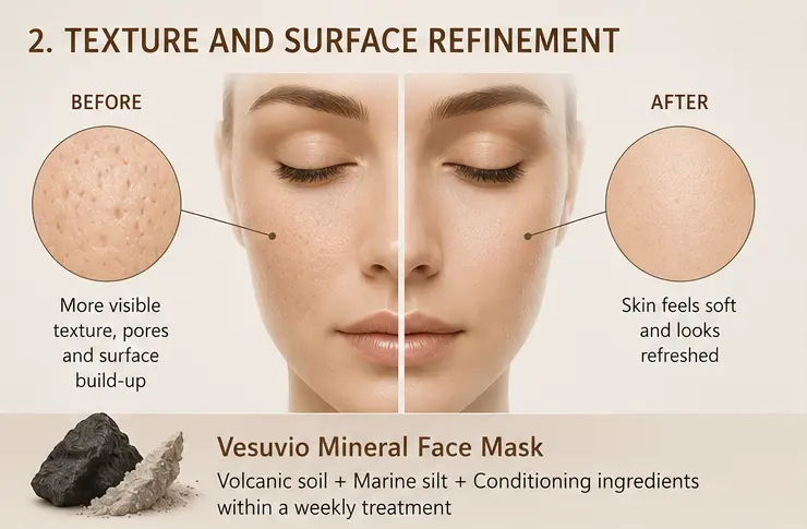 Before and after results of Vesuvio Mineral Face Mask application.