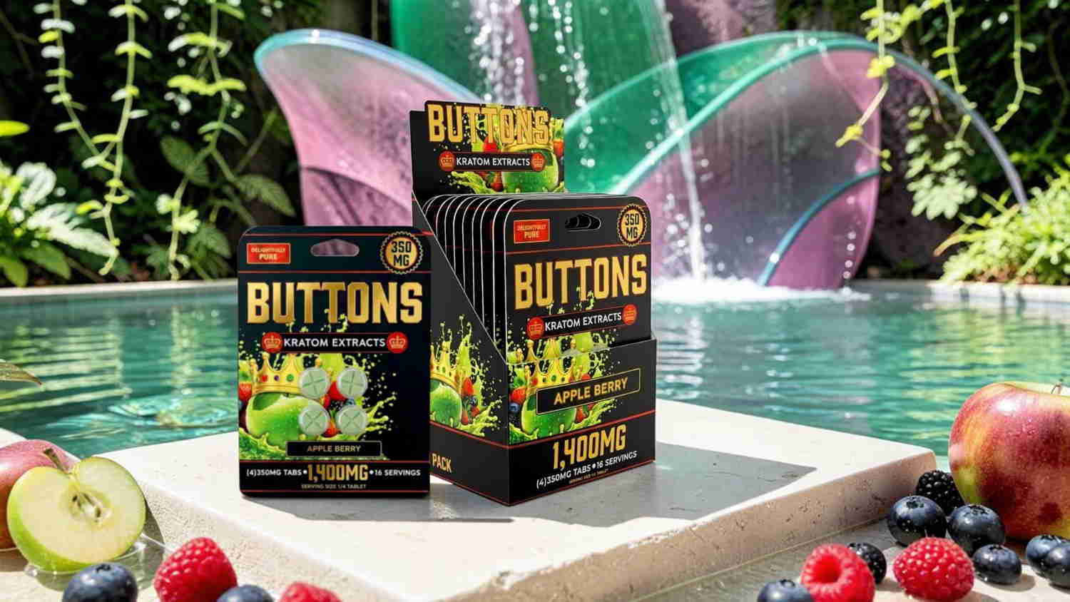 Boxes of Buttons near a pool surrounded by fruits and colorful water features.