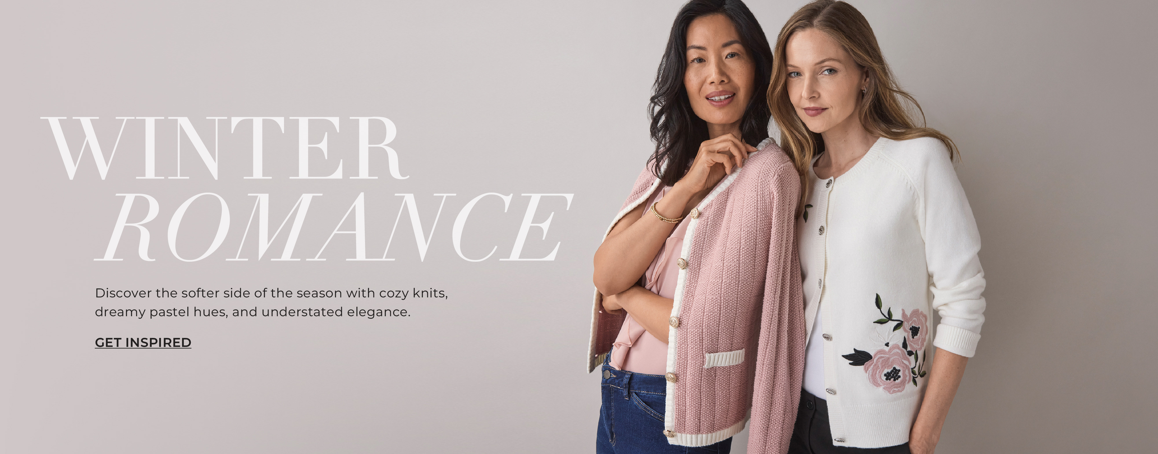 Two women modeling winter fashion with 
