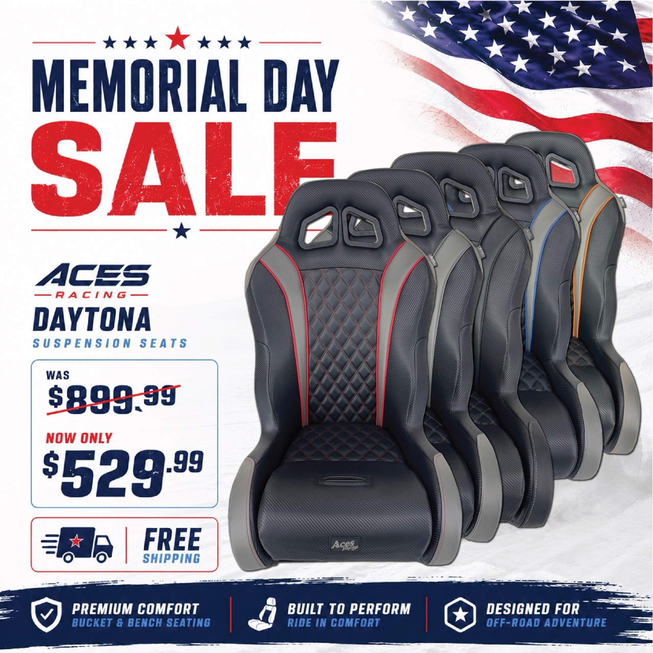 Memorial Day sale on Daytona racing seats, discounted from $899.99 to $529.99.